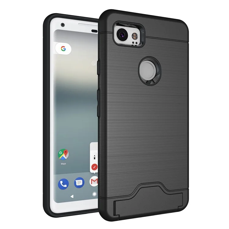 Brushed PC + TPU Hybrid Kickstand Case with Card Slot for Google Pixel 2 XL - Black