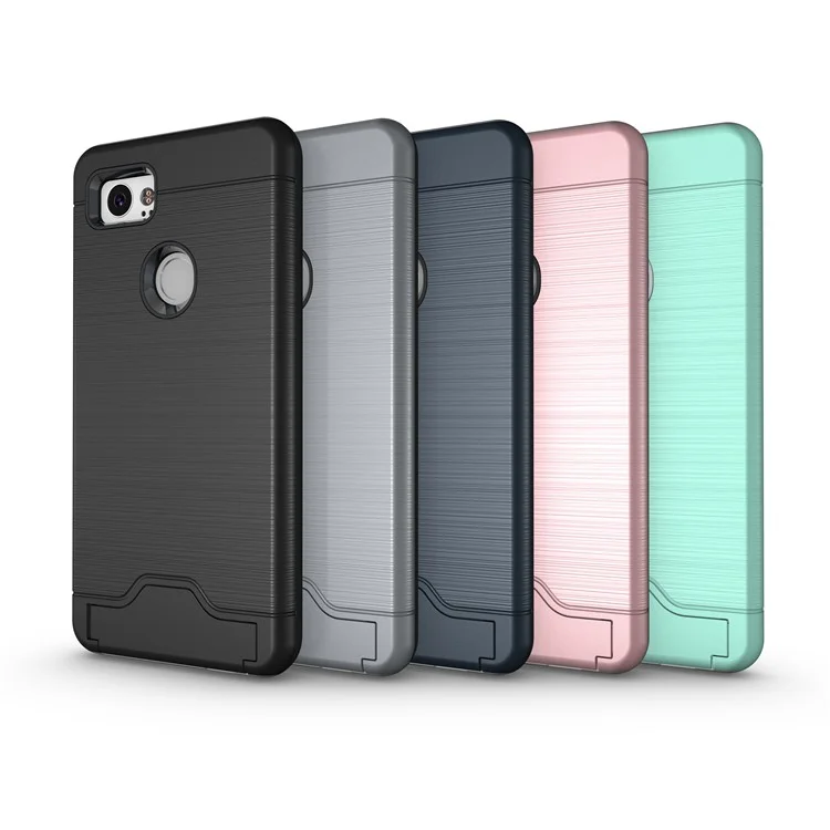 Brushed PC + TPU Hybrid Kickstand Case with Card Slot for Google Pixel 2 XL - Black
