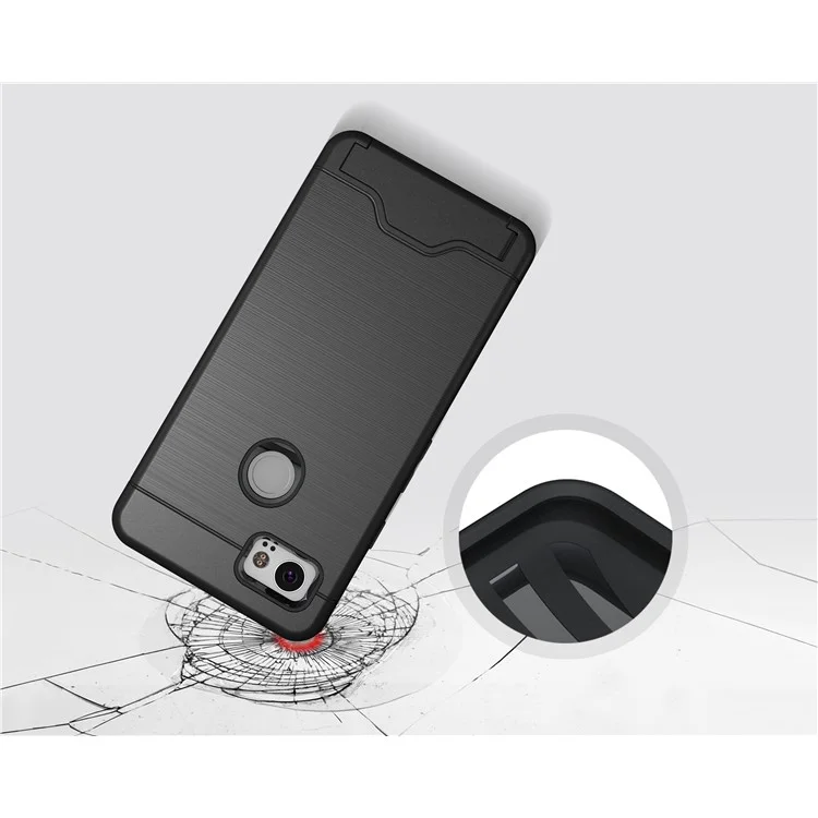 Brushed PC + TPU Hybrid Kickstand Case with Card Slot for Google Pixel 2 XL - Black