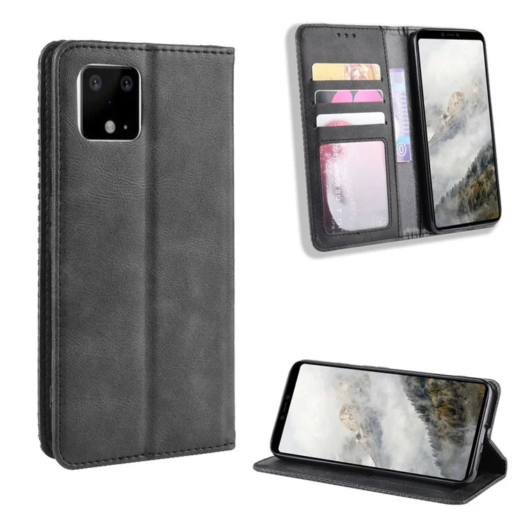 Auto-absorbed Vintage Style PU Leather Wallet Phone Shell Case for Google Pixel 4 - Black