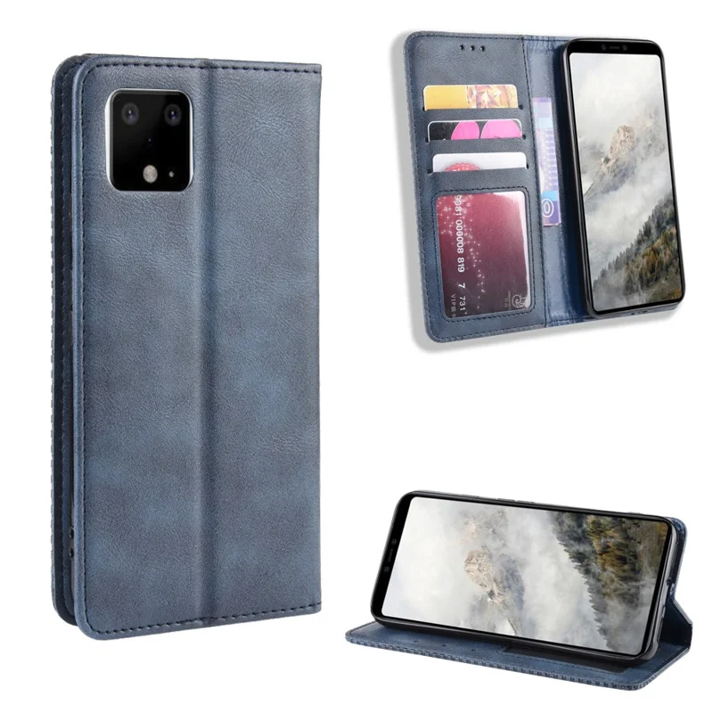 Auto-absorbed Vintage Style PU Leather Wallet Phone Shell Case for Google Pixel 4 - Blue