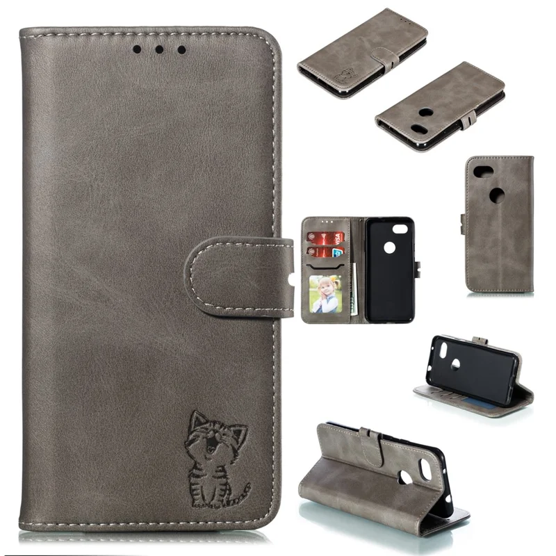 Gedrukt katpatroon portefeuille lederen standhoes voor Google Pixel 3a - Grijs