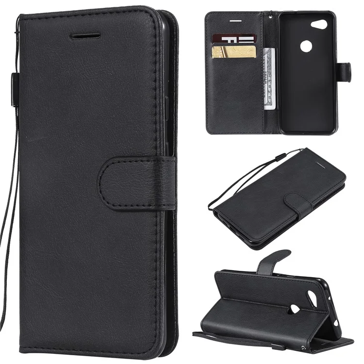 For Google Pixel 3a Case Solid Color Leather Mobile Cover Wallet Stand with Strap - Black