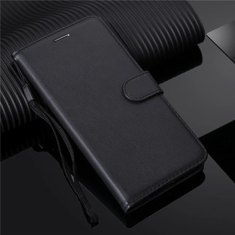 For Google Pixel 3a Case Solid Color Leather Mobile Cover Wallet Stand with Strap - Black