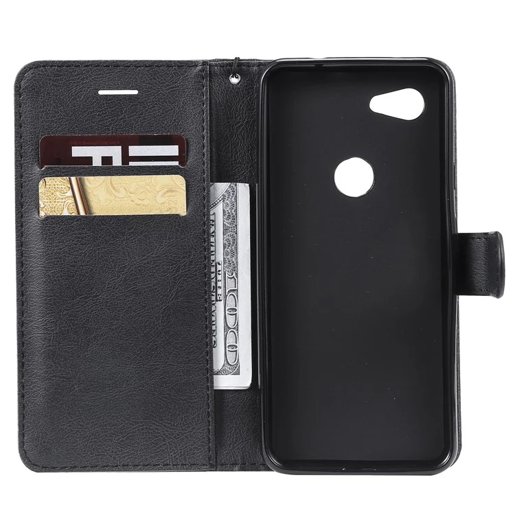 For Google Pixel 3a Case Solid Color Leather Mobile Cover Wallet Stand with Strap - Black