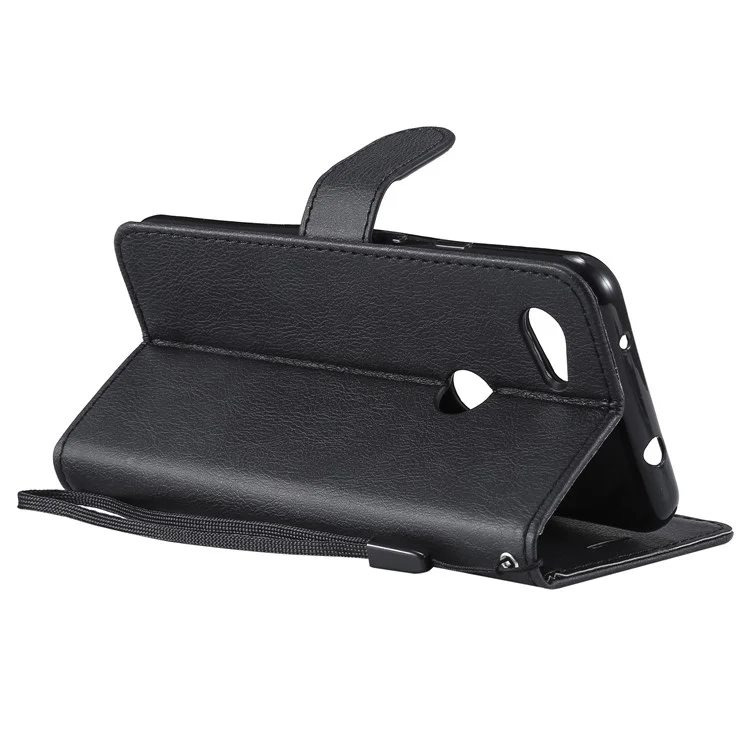 For Google Pixel 3a Case Solid Color Leather Mobile Cover Wallet Stand with Strap - Black