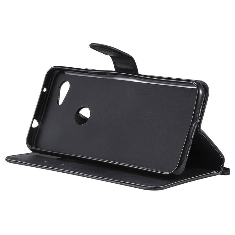 For Google Pixel 3a Case Solid Color Leather Mobile Cover Wallet Stand with Strap - Black