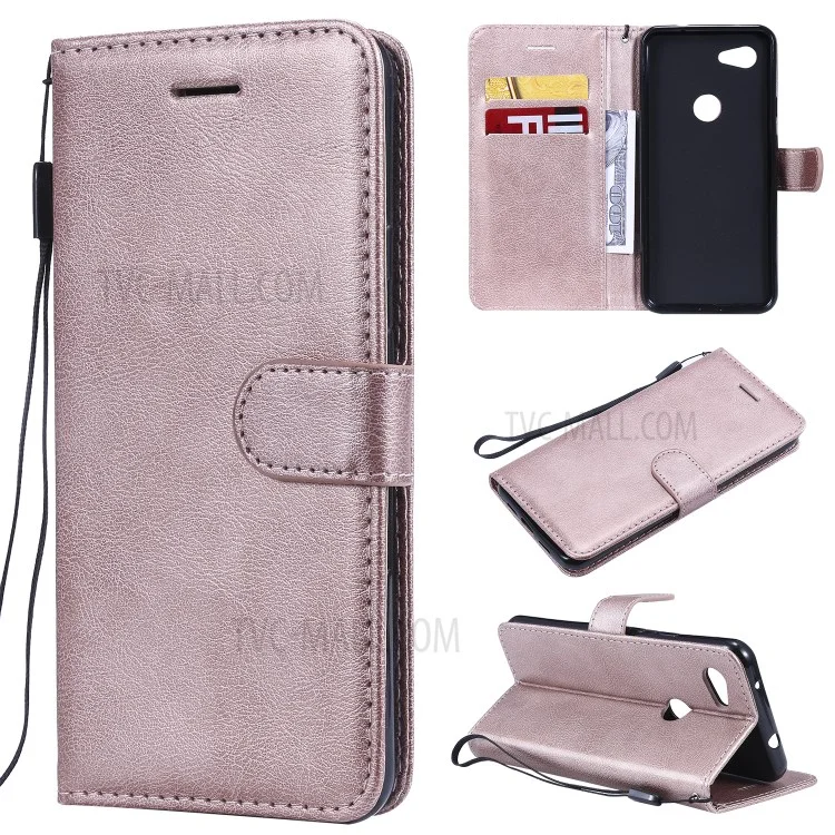 For Google Pixel 3a Case Solid Color Leather Mobile Cover Wallet Stand with Strap - Rose Gold