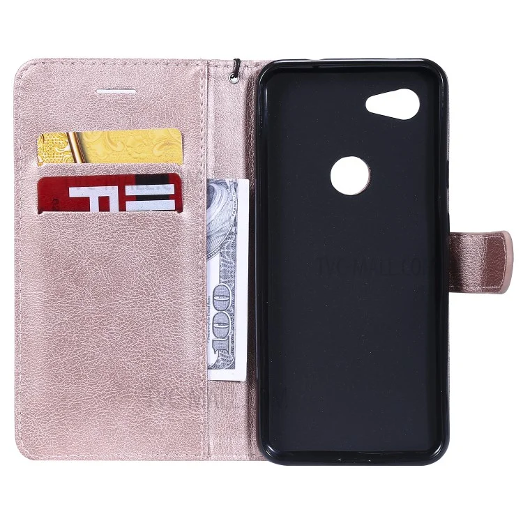 For Google Pixel 3a Case Solid Color Leather Mobile Cover Wallet Stand with Strap - Rose Gold