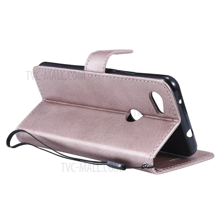 For Google Pixel 3a Case Solid Color Leather Mobile Cover Wallet Stand with Strap - Rose Gold