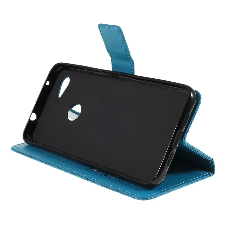 For Google Pixel 3a Phone Case Sunflower Imprinted Leather Wallet Stand Cover with Strap - Blue