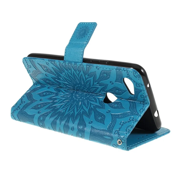 For Google Pixel 3a Phone Case Sunflower Imprinted Leather Wallet Stand Cover with Strap - Blue