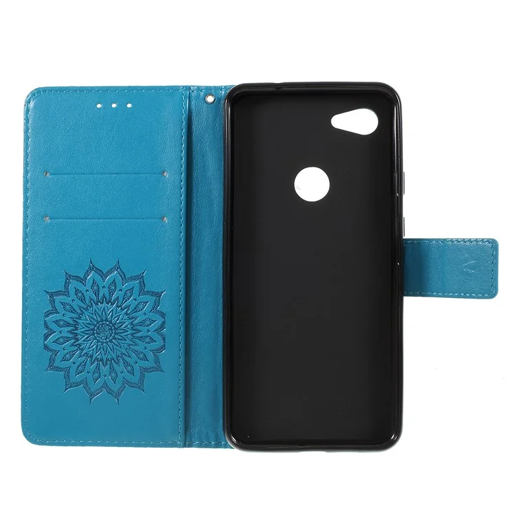 For Google Pixel 3a Phone Case Sunflower Imprinted Leather Wallet Stand Cover with Strap - Blue