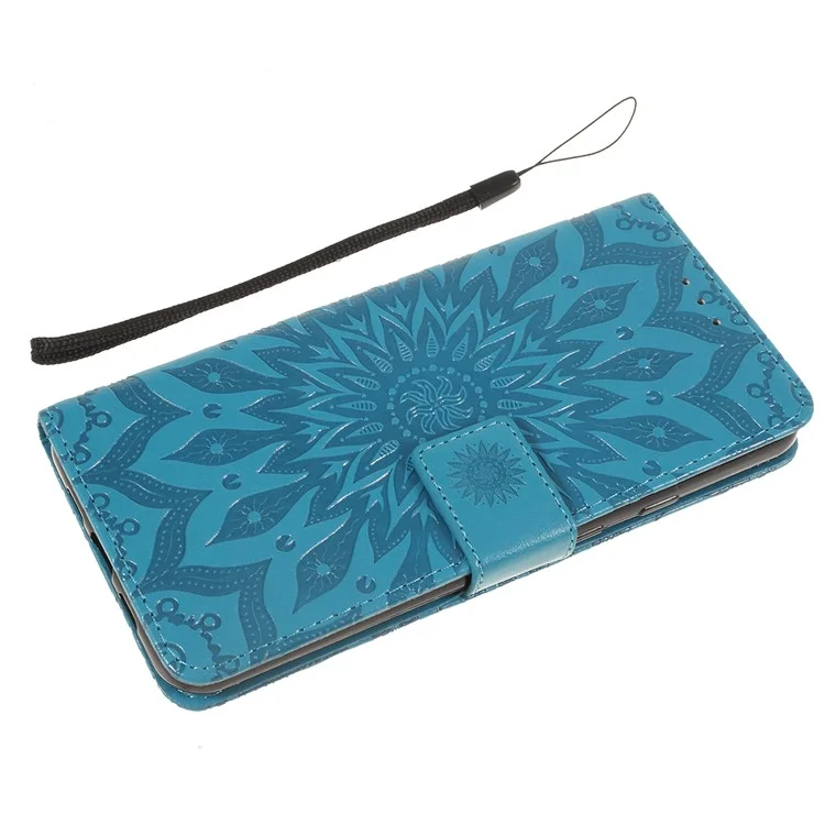 For Google Pixel 3a Phone Case Sunflower Imprinted Leather Wallet Stand Cover with Strap - Blue