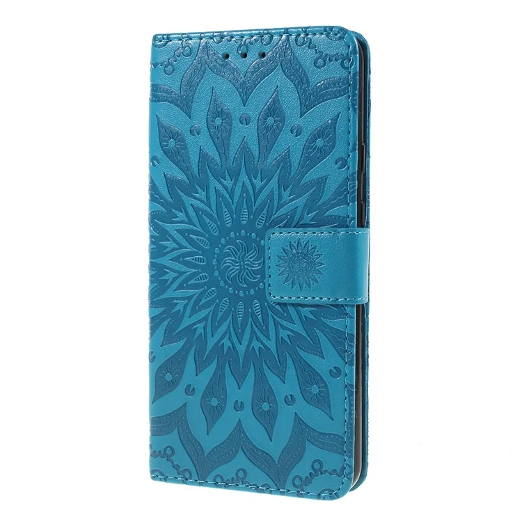 For Google Pixel 3a Phone Case Sunflower Imprinted Leather Wallet Stand Cover with Strap - Blue