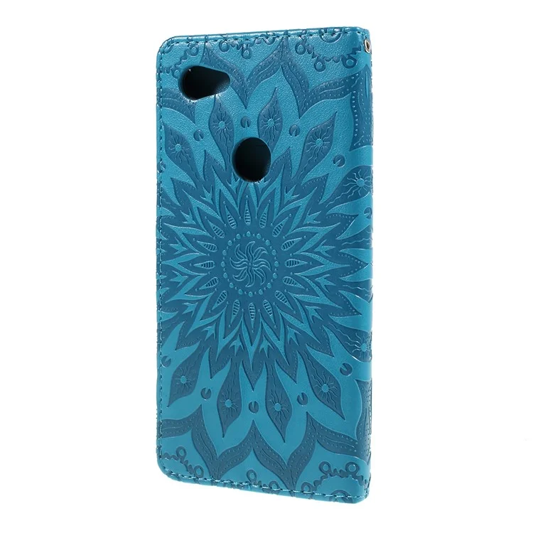 For Google Pixel 3a Phone Case Sunflower Imprinted Leather Wallet Stand Cover with Strap - Blue