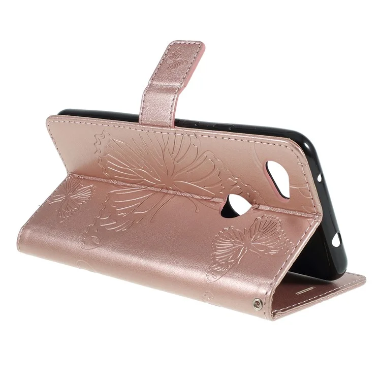 For Google Pixel 3a Wallet Case Floral Butterfly Imprinted Leather Phone Cover Stand - Rose Gold