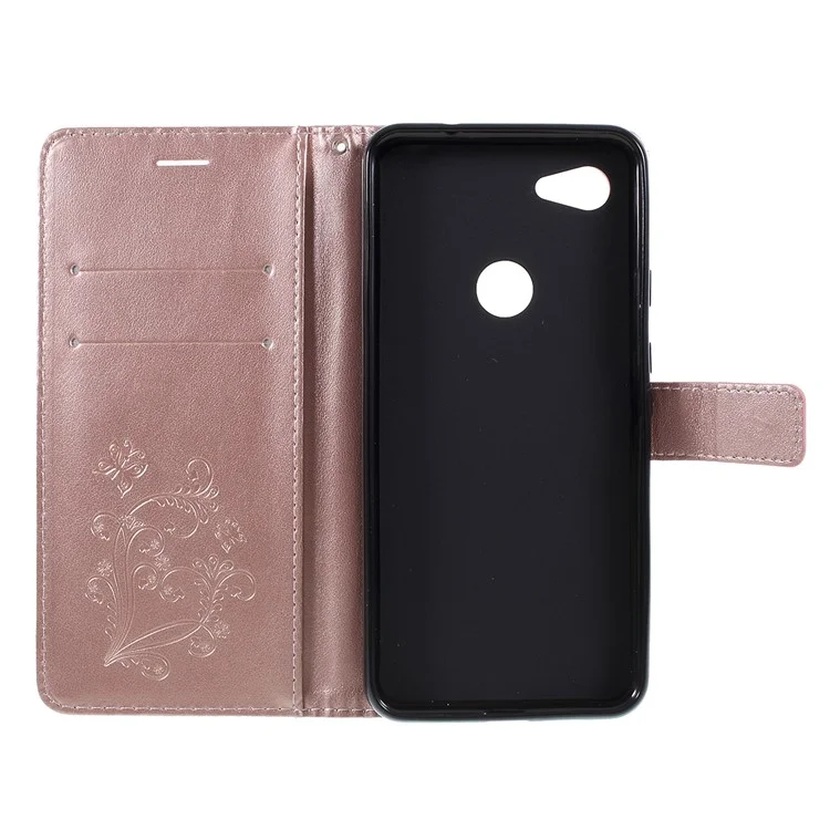 For Google Pixel 3a Wallet Case Floral Butterfly Imprinted Leather Phone Cover Stand - Rose Gold