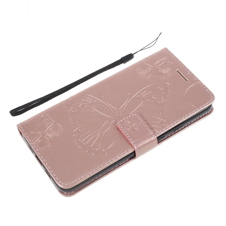 For Google Pixel 3a Wallet Case Floral Butterfly Imprinted Leather Phone Cover Stand - Rose Gold