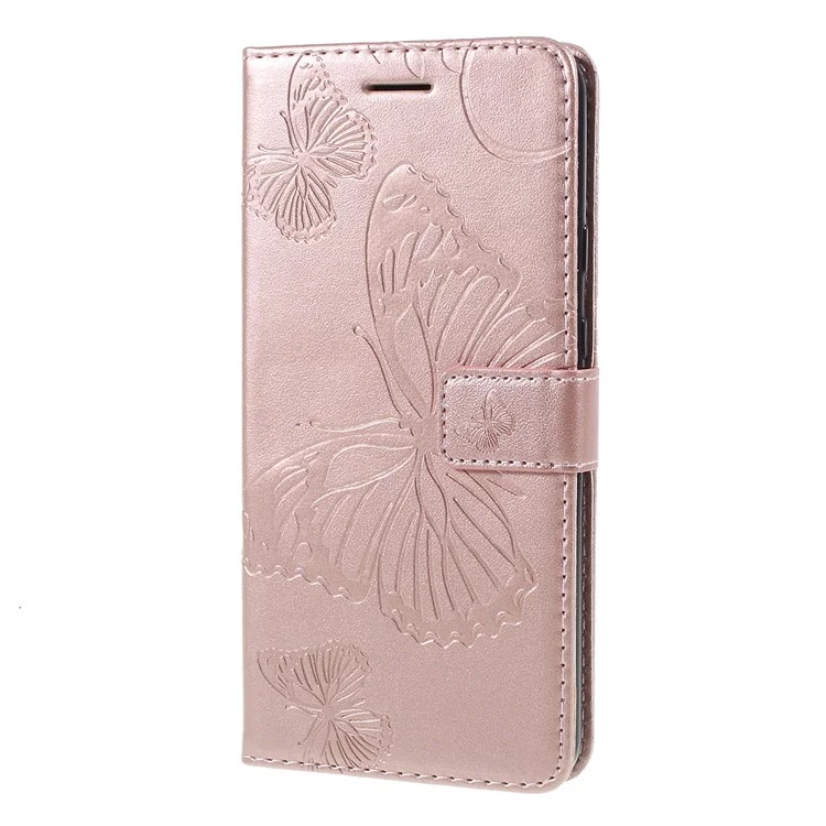 For Google Pixel 3a Wallet Case Floral Butterfly Imprinted Leather Phone Cover Stand - Rose Gold