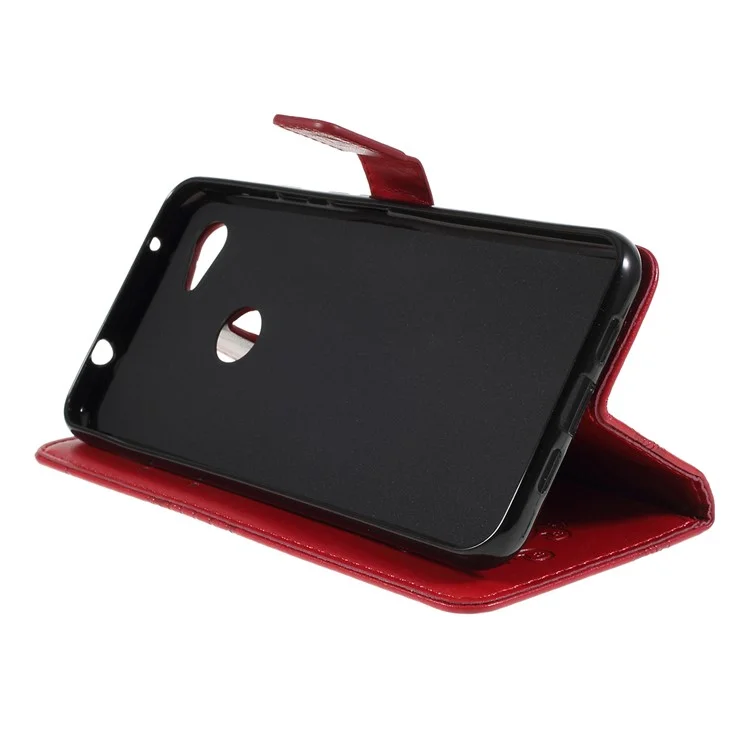 For Google Pixel 3a Wallet Case Floral Butterfly Imprinted Leather Phone Cover Stand - Red