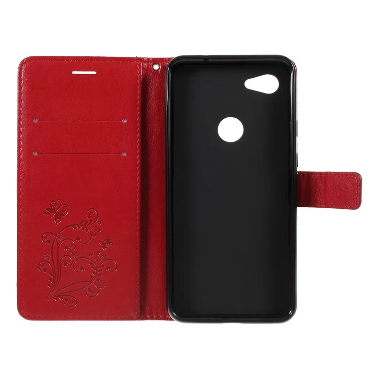 For Google Pixel 3a Wallet Case Floral Butterfly Imprinted Leather Phone Cover Stand - Red