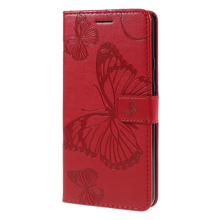 For Google Pixel 3a Wallet Case Floral Butterfly Imprinted Leather Phone Cover Stand - Red