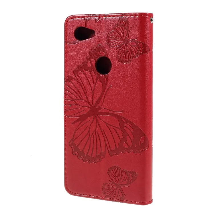 For Google Pixel 3a Wallet Case Floral Butterfly Imprinted Leather Phone Cover Stand - Red