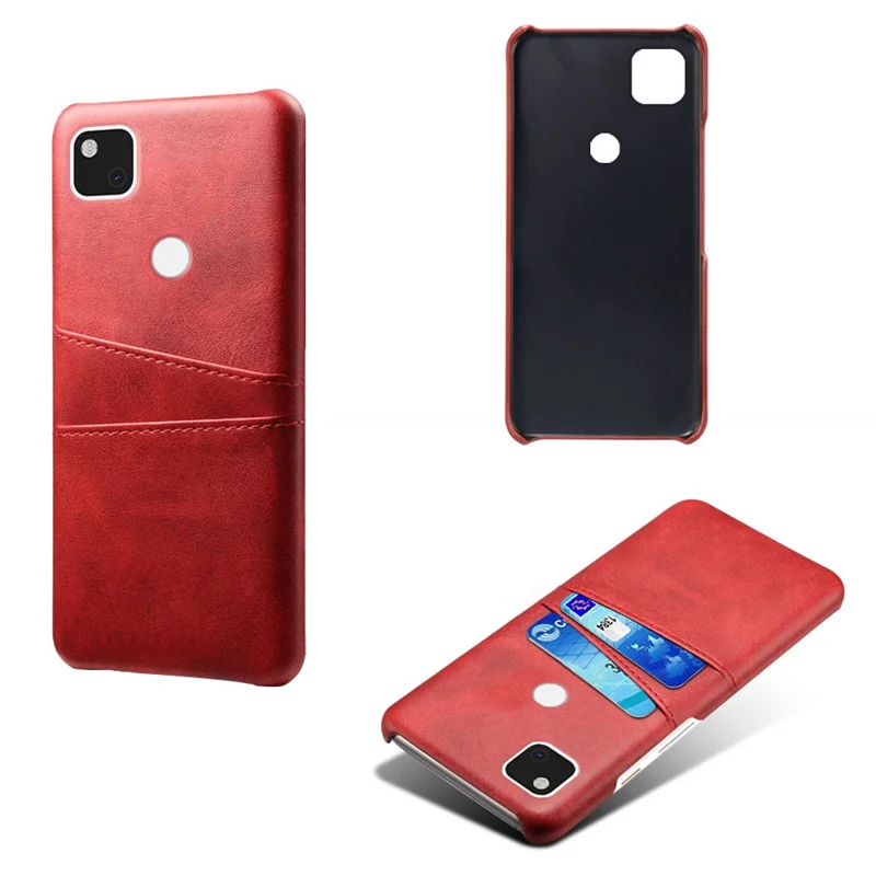 PU Leather Coated PC Double Card Slots Cell Phone Cover for Google Pixel 4a 4G - Red