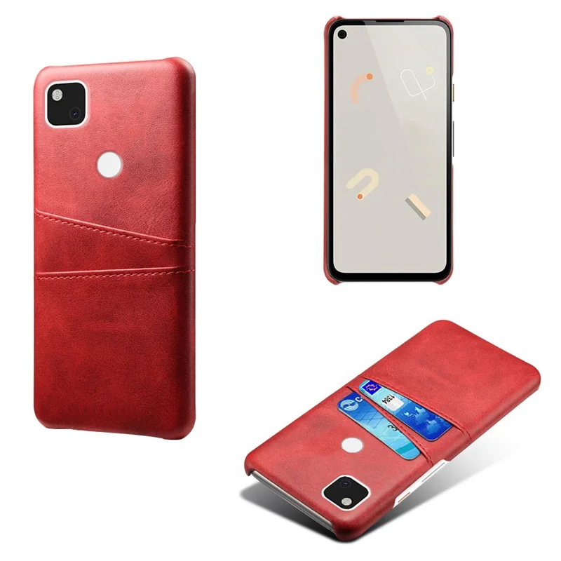 PU Leather Coated PC Double Card Slots Cell Phone Cover for Google Pixel 4a 4G - Red