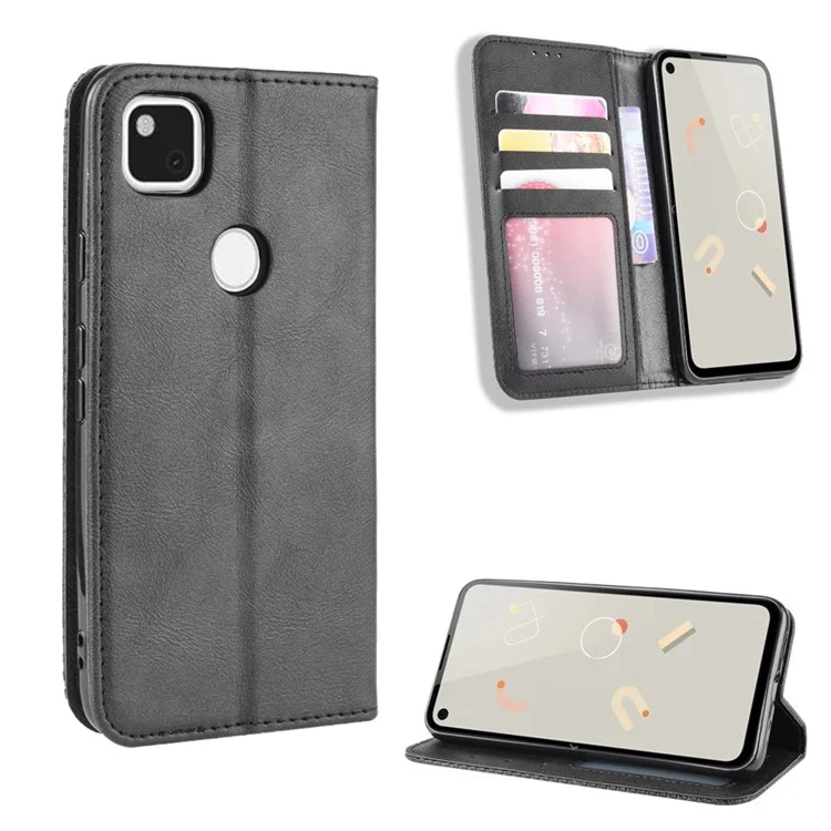 Retro Magnetic Leather with Wallet Phone Cover for Google Pixel 4a 4G - Black