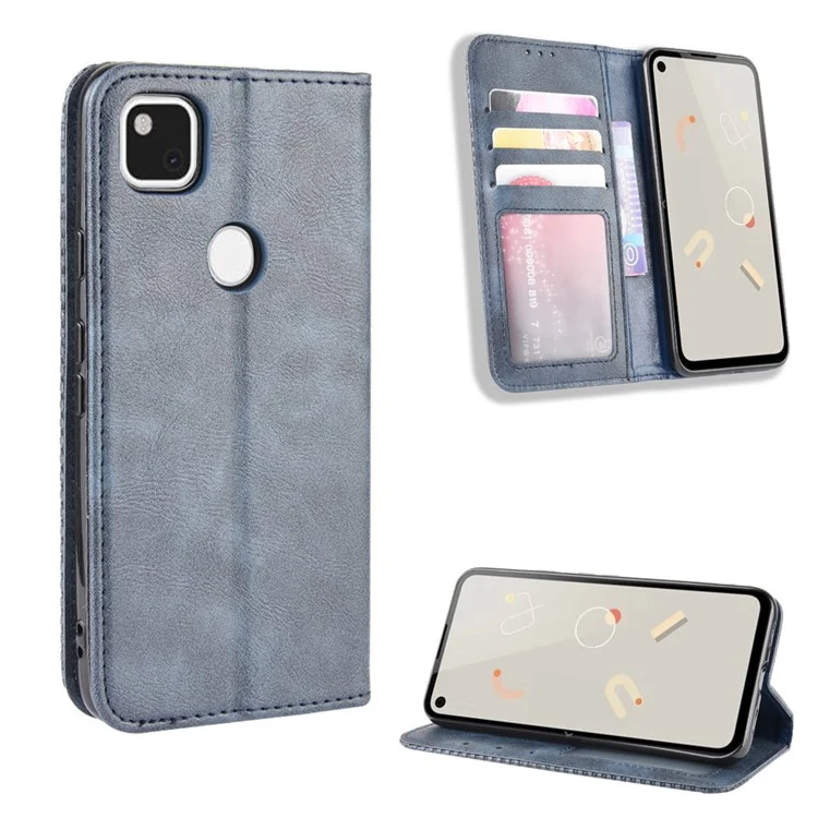 Retro Magnetic Leather with Wallet Phone Cover for Google Pixel 4a 4G - Blue