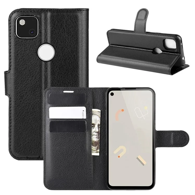 Litchi Skin PU Leather Wallet Stand Cell Phone Cover for Google Pixel 4a 4G with Magnetic Clasp Closure - Black