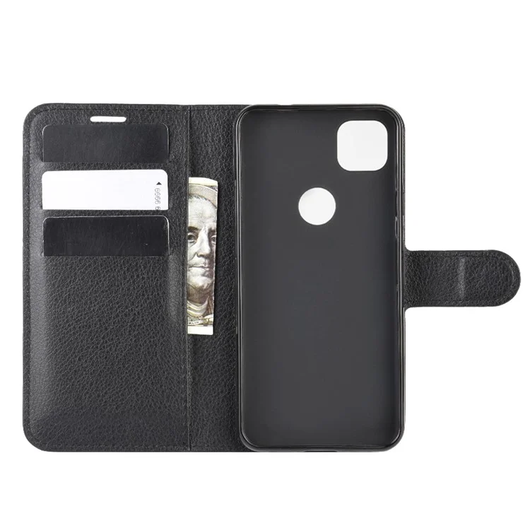 Litchi Skin PU Leather Wallet Stand Cell Phone Cover for Google Pixel 4a 4G with Magnetic Clasp Closure - Black