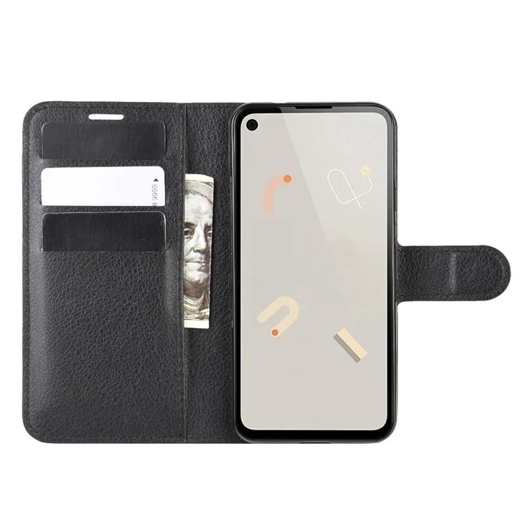 Litchi Skin PU Leather Wallet Stand Cell Phone Cover for Google Pixel 4a 4G with Magnetic Clasp Closure - Black