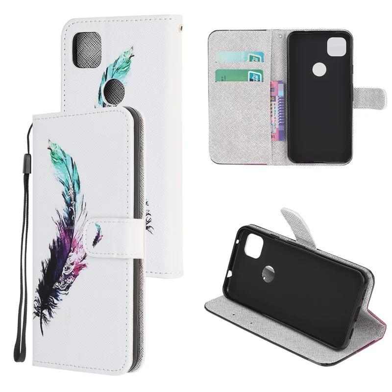 Cross Texture Pattern Printing Leather Wallet Stand Cover with Strap for Google Pixel 4a 4G - Feather