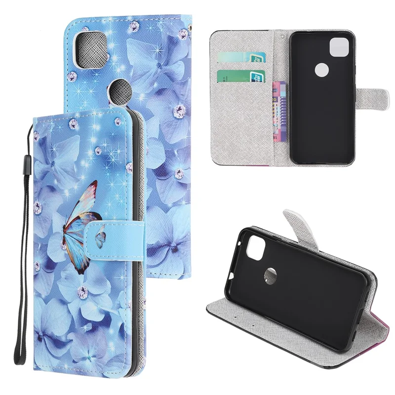 Cross Texture Pattern Printing Leather Wallet Stand Cover with Strap for Google Pixel 4a 4G - Butterfly and Flowers