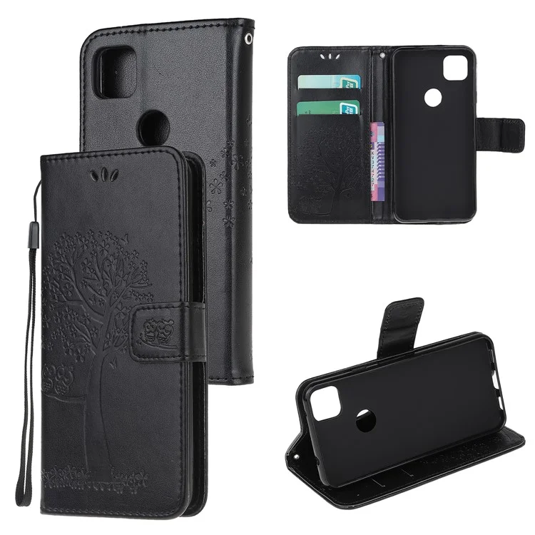 Imprint Tree and Owl Pattern Leather Wallet Case for Google Pixel 4a 4G - Black