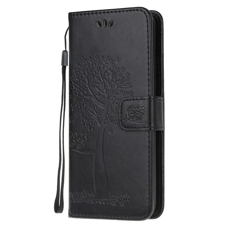 Imprint Tree and Owl Pattern Leather Wallet Case for Google Pixel 4a - Black