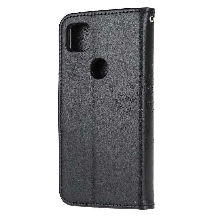 Imprint Tree and Owl Pattern Leather Wallet Case for Google Pixel 4a - Black