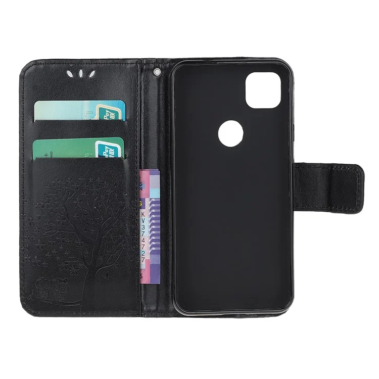 Imprint Tree and Owl Pattern Leather Wallet Case for Google Pixel 4a 4G - Black