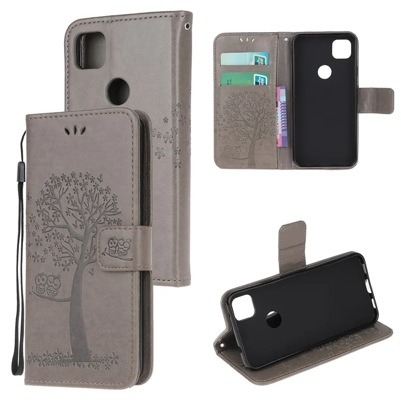 Imprint Tree and Owl Pattern Leather Wallet Case for Google Pixel 4a 4G - Grey