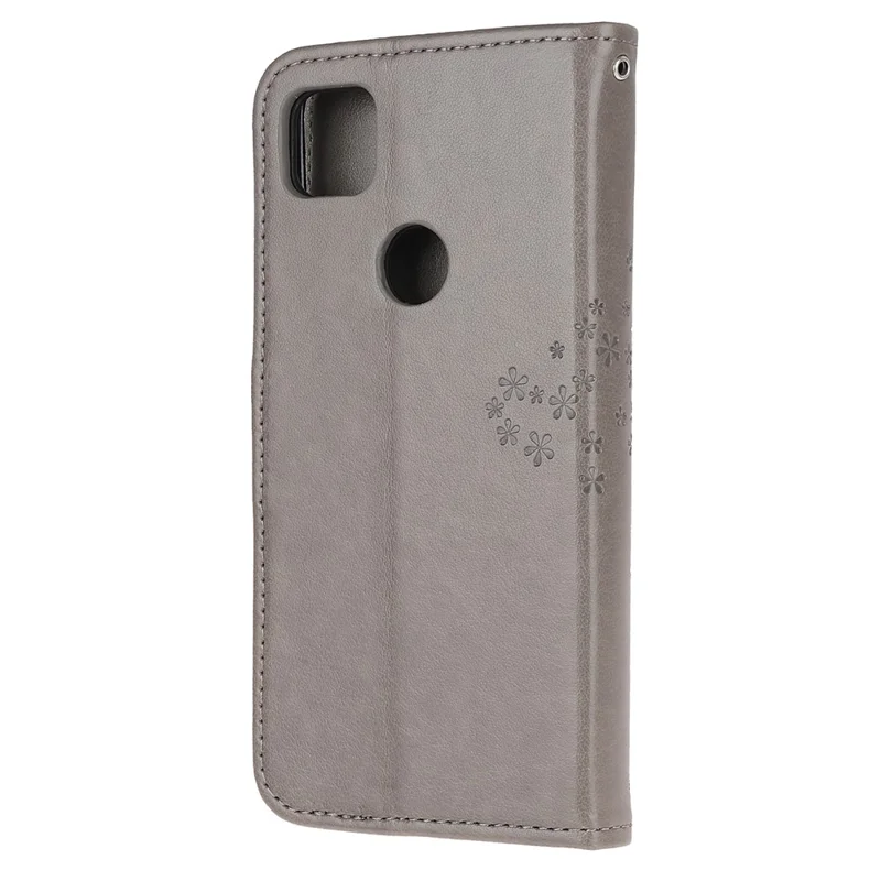 Imprint Tree and Owl Pattern Leather Wallet Case for Google Pixel 4a 4G - Grey