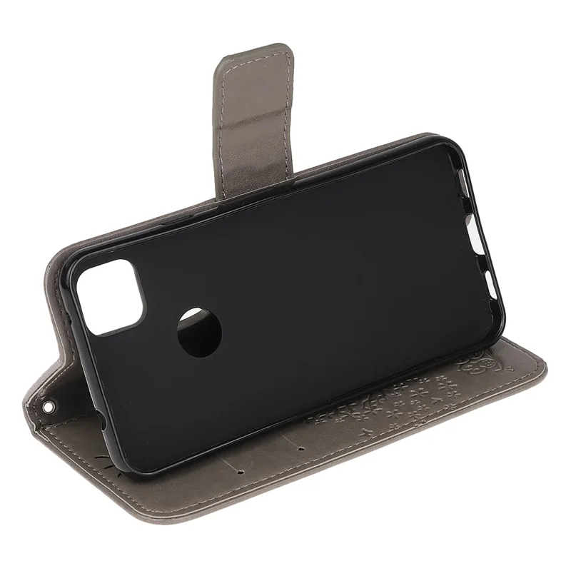 Imprint Tree and Owl Pattern Leather Wallet Case for Google Pixel 4a 4G - Grey