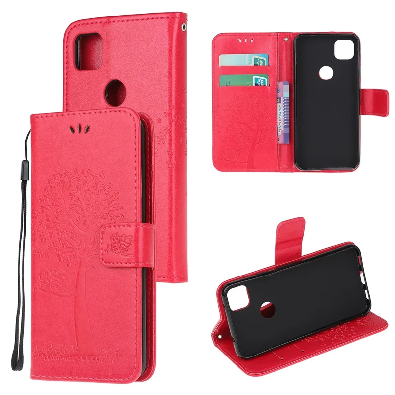 Imprint Tree and Owl Pattern Leather Wallet Case for Google Pixel 4a 4G - Red