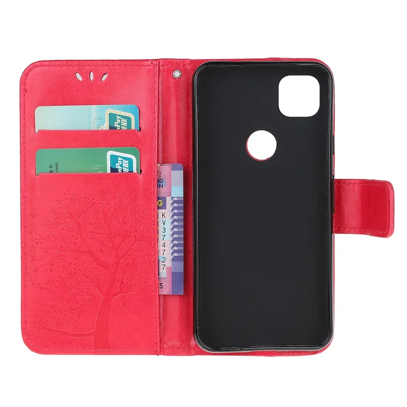 Imprint Tree and Owl Pattern Leather Wallet Case for Google Pixel 4a 4G - Red