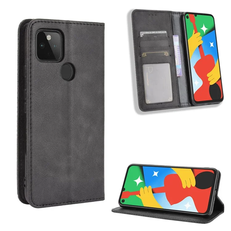 Vintage Style Wallet Stand Leather Phone Cover for Google Pixel 4a 5G - Black