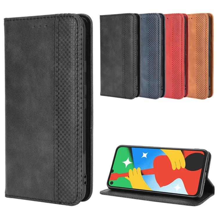 Vintage Style Wallet Stand Leather Phone Cover for Google Pixel 4a 5G - Black