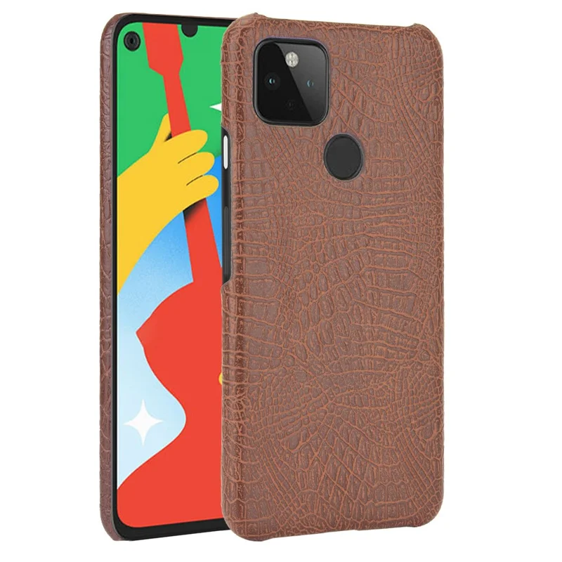 Crocodile Skin PU Leather Coated PC Case for Google Pixel 4a 5G - Coffee
