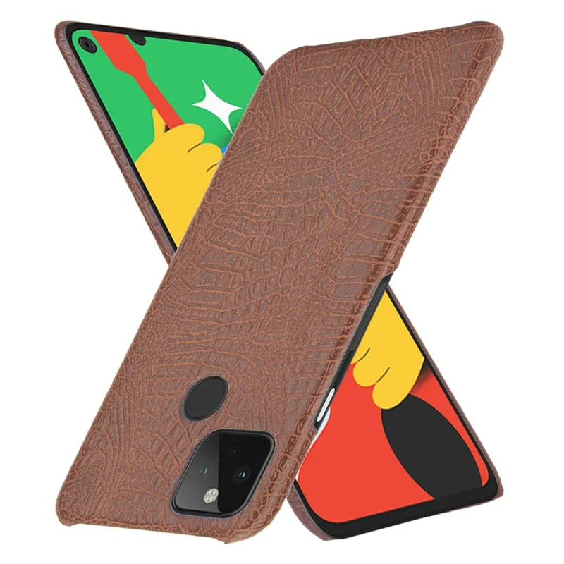 Crocodile Skin PU Leather Coated PC Case for Google Pixel 4a 5G - Coffee